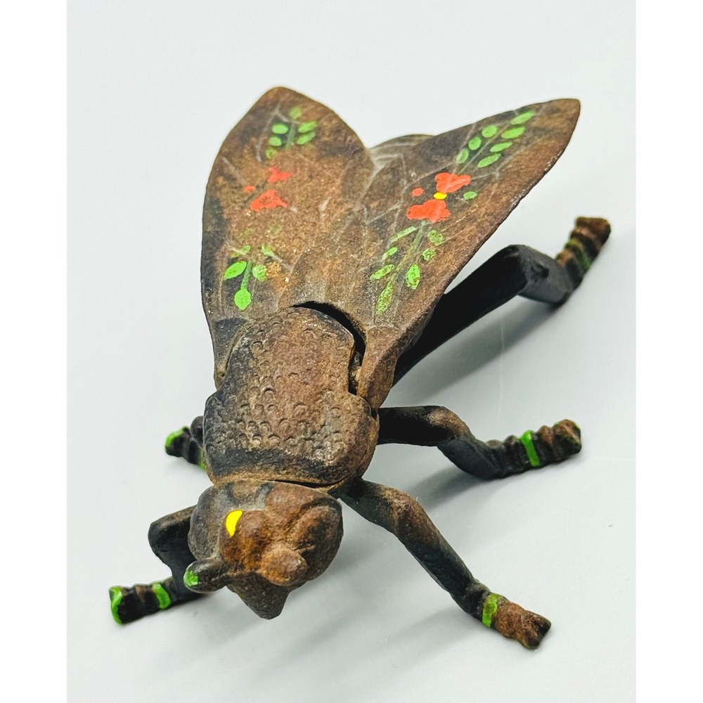Cast Iron Fly Ashtray Match Holder Ash Tray Hand Painted Floral Wings 4" 1960s